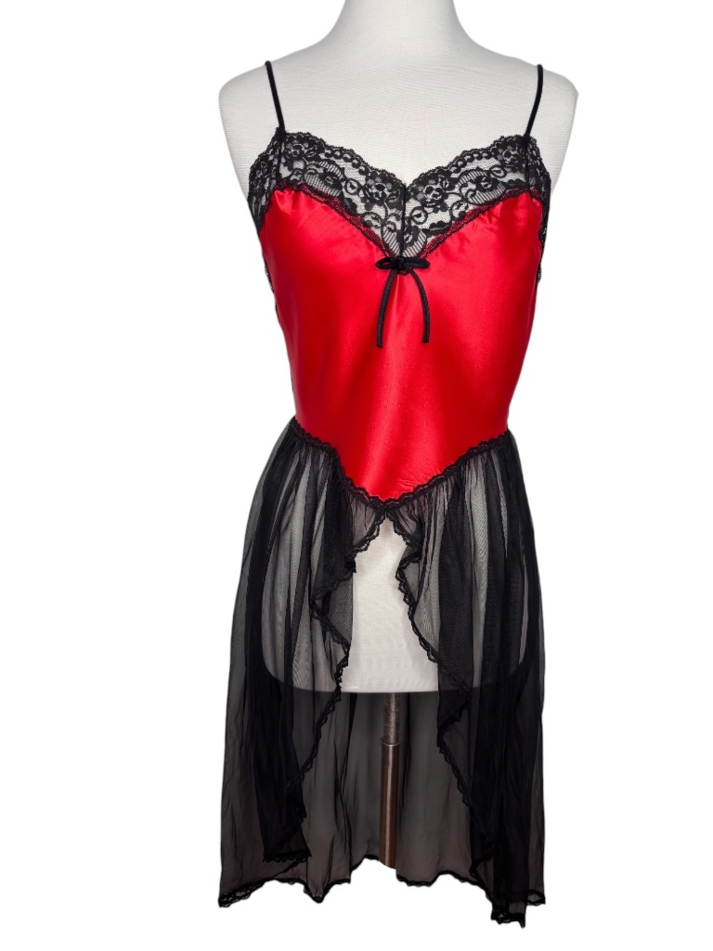 Vintage Lady Cameo Red Satin Black Lace Mesh Goth Lingerie Size Medium
